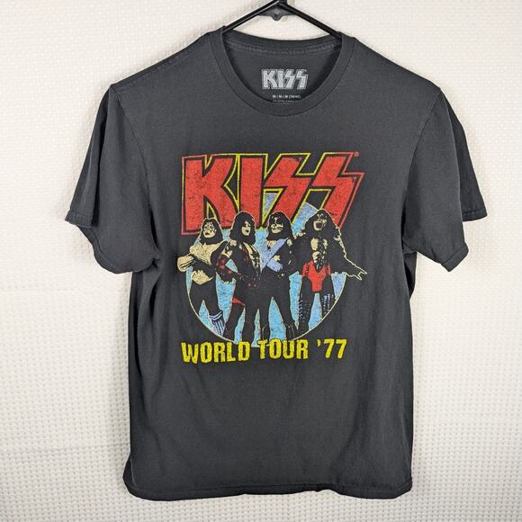 KISS World Tour 77 T Shirt Medium Black Vintage Style Band Graphic Rock Tee - Picture 1 of 4